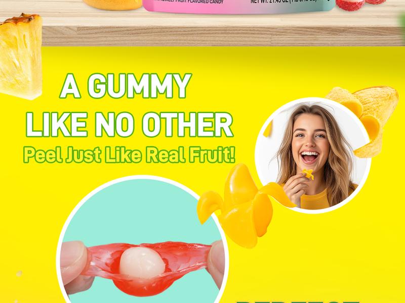 Amos Peelerz Assorted Gummy  608g Peelable Fruit Gummies with Hawaiian Flavors: Mango, Lychee, Pineapple, 24 Shareable Packs , Perfect Candy black to school Sweet