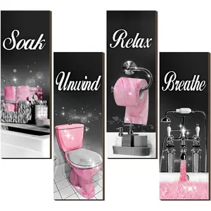 4 Pcs Bathroom Decor Wall Art Farmhouse Bathroom Pictures Wall Decor Soak Unwind Relax Breathe Wood Hanging Sign for Home Spa Laundry(Black and Pink)