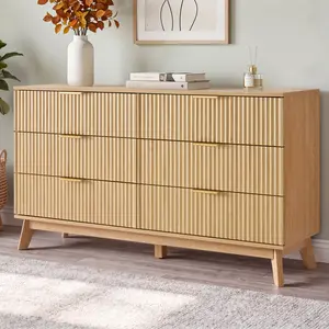 Fluted Dresser with 6 Drawers, Modern Wooden Chest of Drawers with Metal Handles & Large Storage, Mid Century Dresser TV Stand for Bedroom, Living Room, Hallway