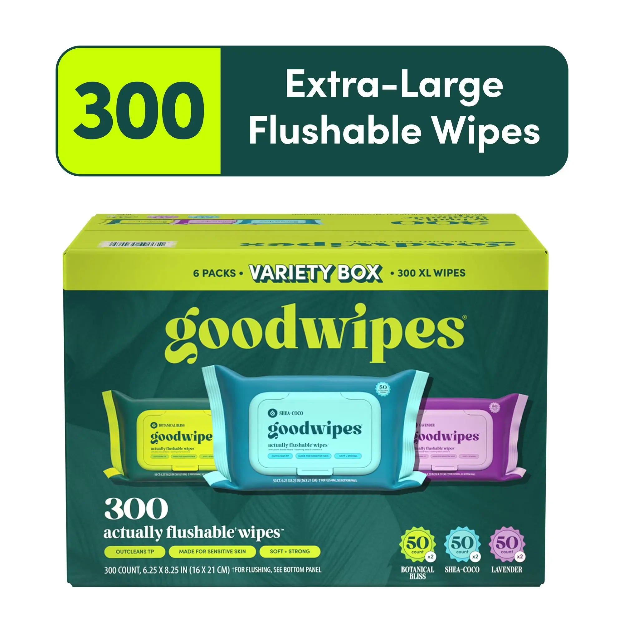 goodwipes Flushable Butt Wipes, Variety Box, 6 Pack Variety Box, 300 Total XL Wipes goodwipes Flushable Butt Wipes, Variety Box, 6 Pack Variety Box, 300 Total XL Wipes