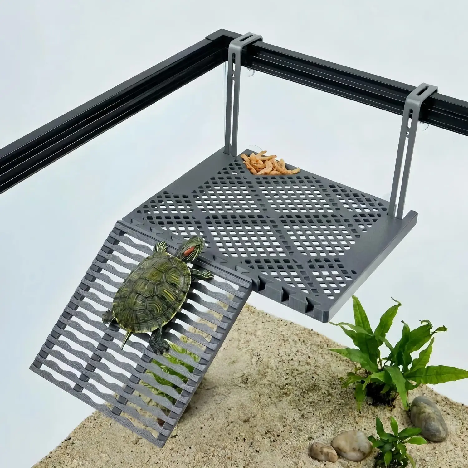 Hanging Turtle Basking Platform with Built-in Food Tray Zero Zip-Tied Non-Slip Ramp Terrace Resting Turtles Dock for 25-75 Gallon Aquariums Frog Turtle Turtle Tank Accessories
