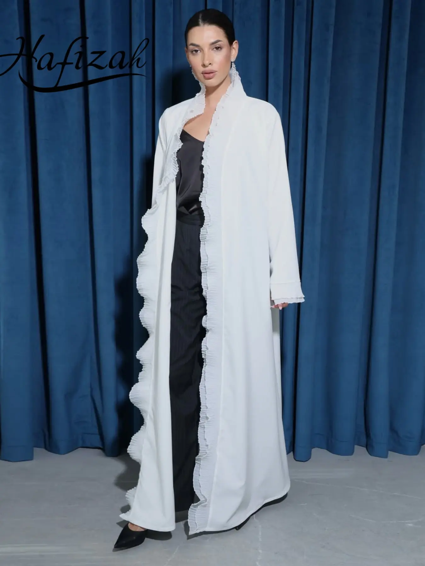 Hafizah Ruffle Long Cardigan Coat, Long Sleeves, Flowy and Elegant Ruffled Outerwear, Daily Commute Elegant Office Wear Fashionable Women's Clothing, Womenswear, Stylish and Comfortable