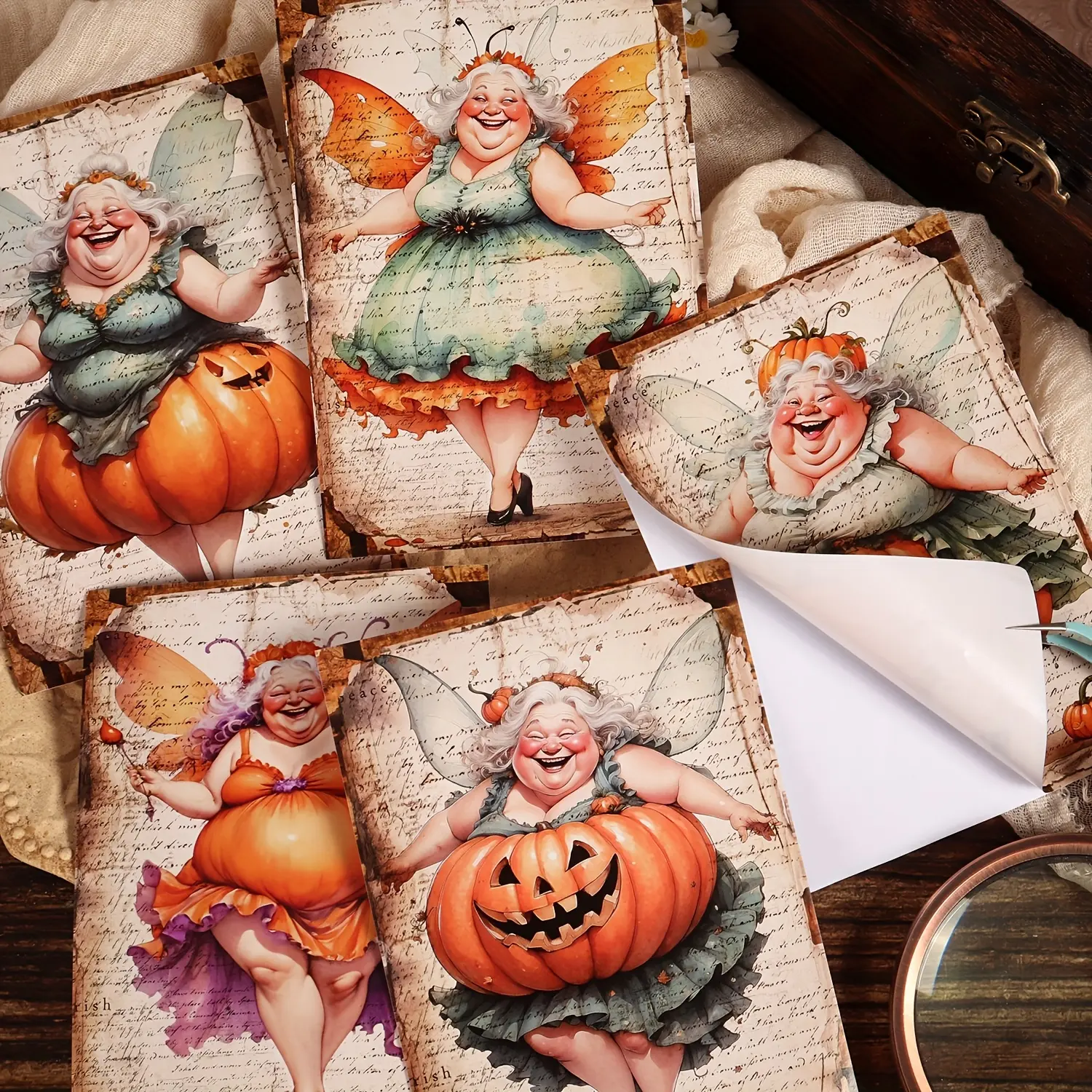 JAIIMAN 12postcards, 12stickers and 4 envelopes Dual Material Halloween Grandma Thick Postcard Set, for Scrapbooking Supplies, Scrapbook Materials, Junk Journal, Greeting Card, Art Crafts, Photo frame Decoration
