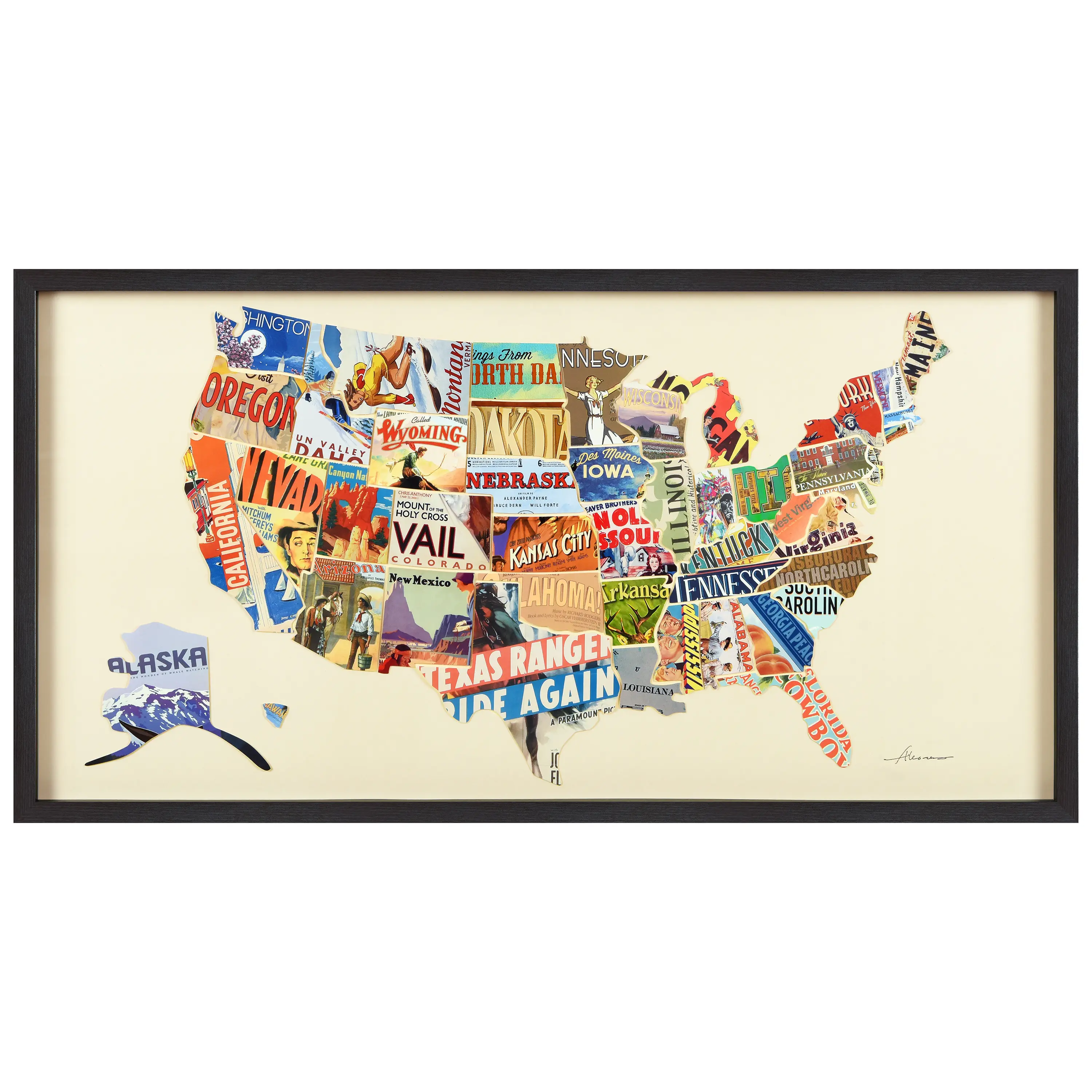 "Across America" Hand-made dimensional art collage, under glass, encased on a black shadow box frame, signed by EAD Co-op artist Alex Zeng