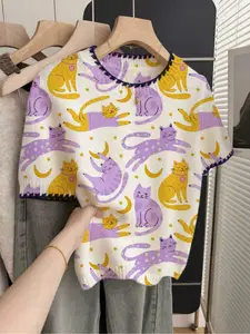 1 piece + French Retro Loose Crew Neck Short Sleeve Contrast Trim Beige, Multicolor Women's Multi-color Contrast Cute Cartoon Cat Print Spring and Summer Knit Top, Women's Knit Swea