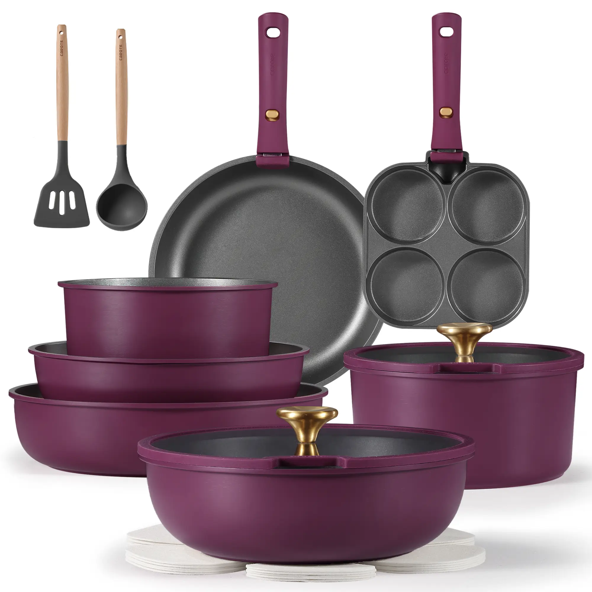 [Official] CAROTE 20pcs Nonstick Cookware Set, Pots and Pans with Removable Handle, Oven/Dishwasher/Fridge safe, Egg Pan, Purple/Burgundy/Gray