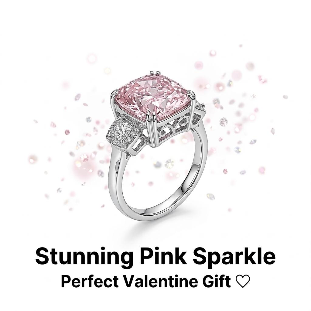 Luxury Cushion Cut Pink Diamond Ring, White Gold Plated Color Gemstone Ring, Elegant Party Index Finger Ring