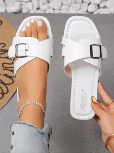 Women's Adjustable Buckle Flat Sandals, PU Leather Beach Shoes, Less Than Ankle Height, Plain Pattern, Rubber Sole