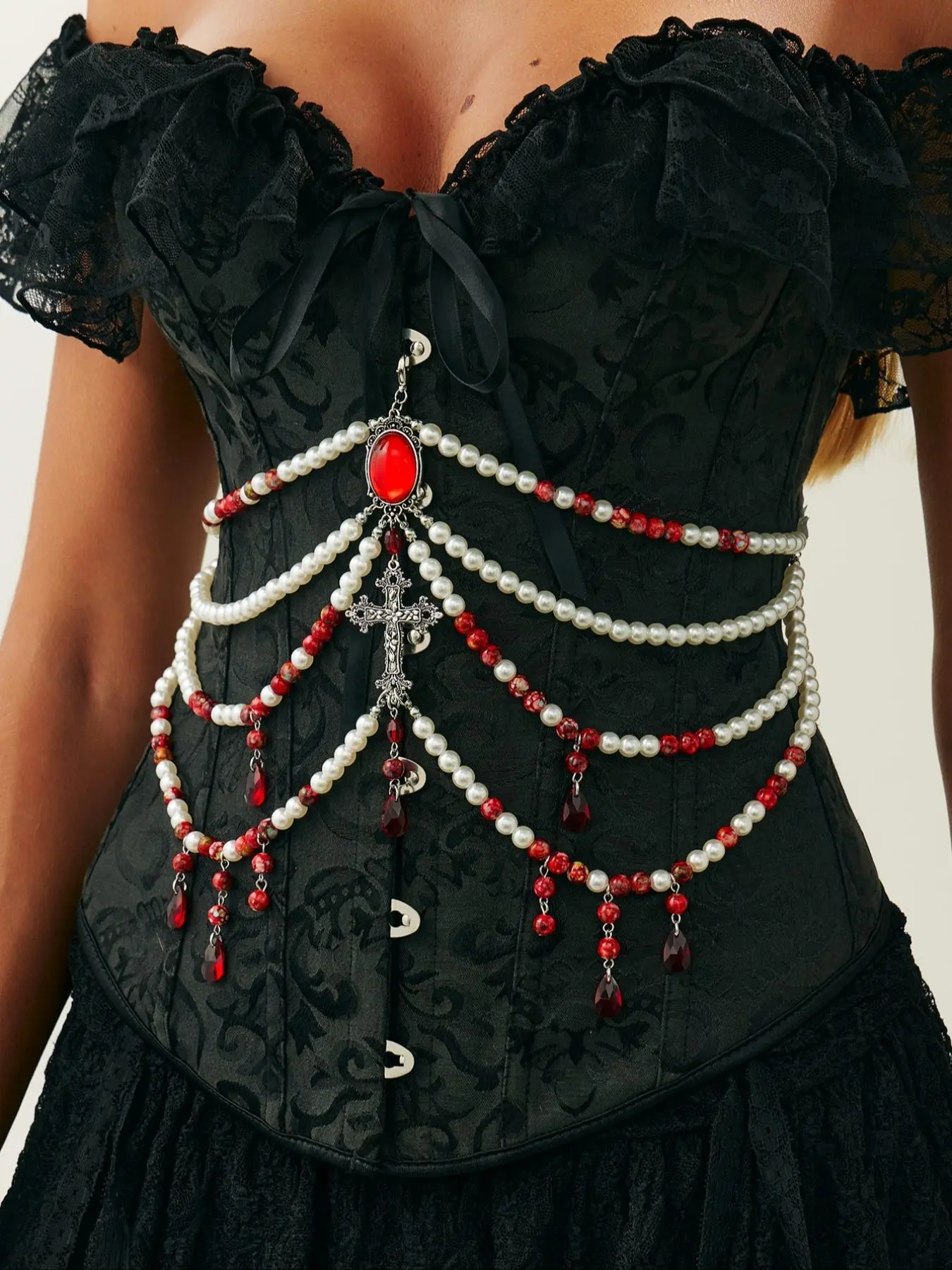 Halloween Costume Jewelry Set, Vintage Gothic Beaded Crystal Body Chain, Bling Chain, Metal Cross Pendant Multi-Layer Tassel Waist Belt Accessories