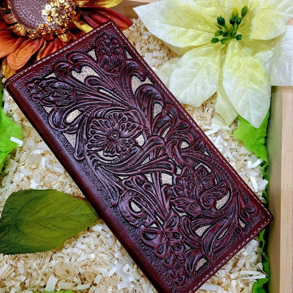 Western wallet Cowboy wallet genuine leather lasercut brown and beige two layered wallet Western wallet Cowboy wallet genuine leather lasercut brown and beige two layered wallet