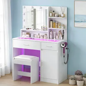 CollaredEagle Vanity Desk With Mirror And 3 Lighting Modes 10 USB Power LED Lights, 40" Makeup Vanity With Glass Top & Power Outlet, Vanity With 36 Lighting Modes Brightness Adjustable RGB Drawers,Dressing Table For Women Girls Bedroom, White