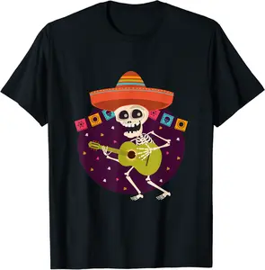 Halloween Music Guitar Strings Instruments Mexican Skeleton T-Shirt - Nafeesaami Shop 69B09T6NVHVB