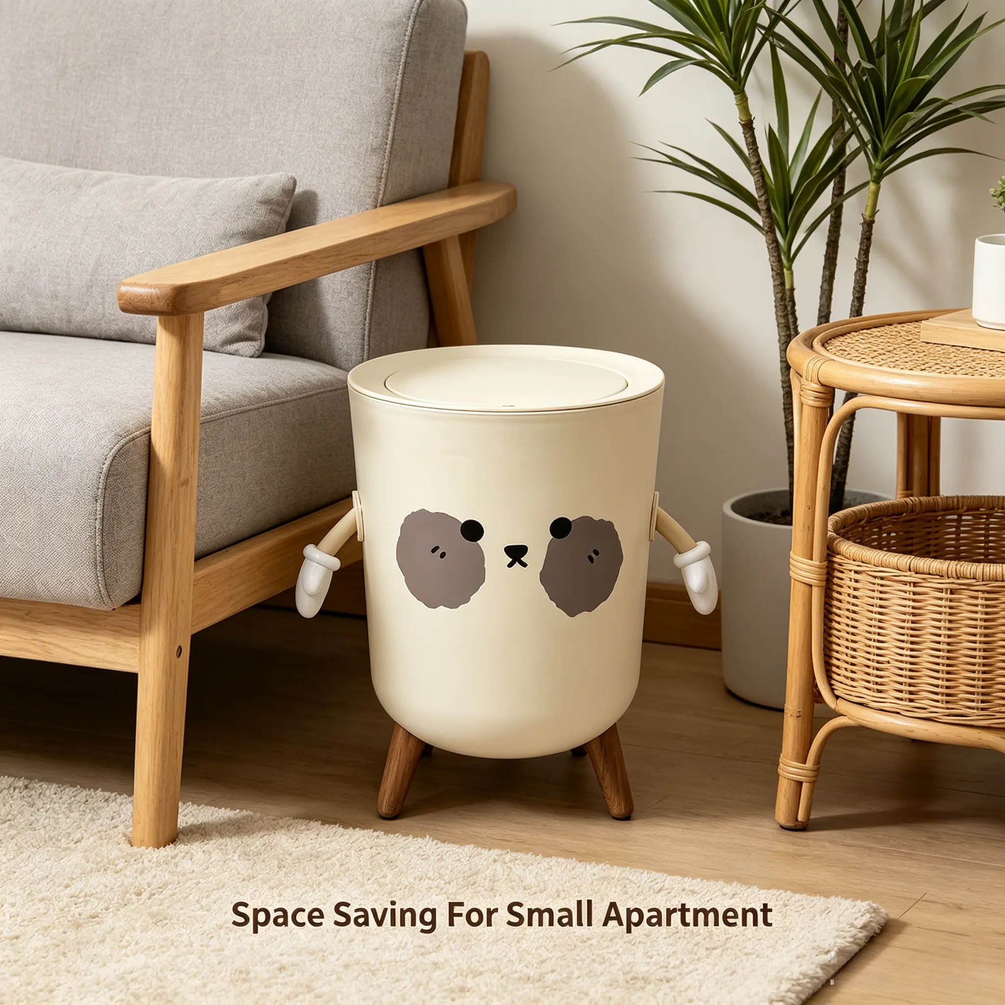 Wabi Sabi Brown Touchless Trash Can with Lid - Slim Smart Bin with Wooden Anti-Slip Tripod, Automatic Knee Sensor, Bag Dispenser - Nordic Style for Baby Room Nightstand & Kitchen Home Storage Decor