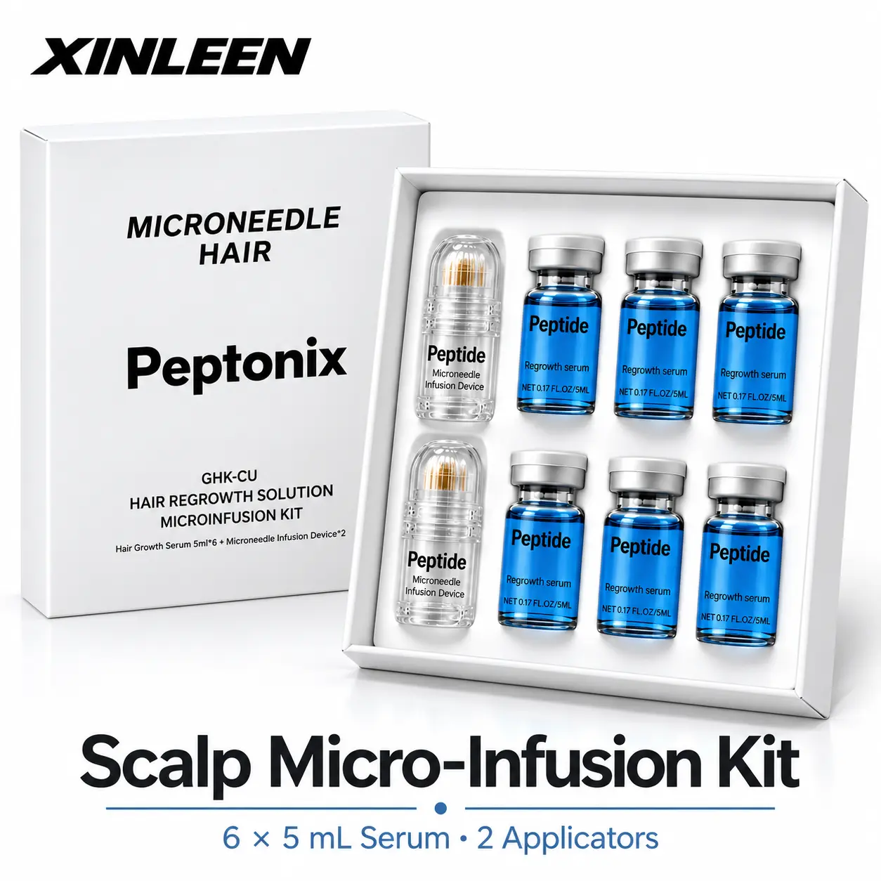 XINLEEN GHK-Cu Scalp Serum Micro-Infusion Kit, 6 × 5 mL Serum Vials & 2 Microneedle Applicators per Kit XINLEEN GHK-Cu Scalp Serum Micro-Infusion Kit, 6 × 5 mL Serum Vials & 2 Microneedle Applicators per Kit