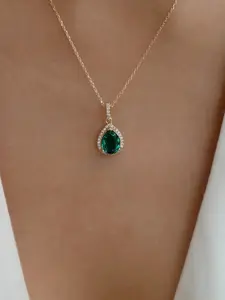 Luxury Classic Gold Color Stainless Steel Green Crystal Water Drop Pendant Necklace for Women Retro Party Collar Jewelry Gift Single Gem Necklace