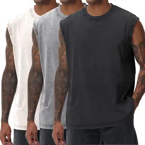 Men's Oversized Vintage Acid Washed Round Neck Cotton Tank Tshirt - 1/3 Pack Unisex Sleeveless, Loose Basic Menswear Undershirt, Leggings-Friendly Gym Essential
