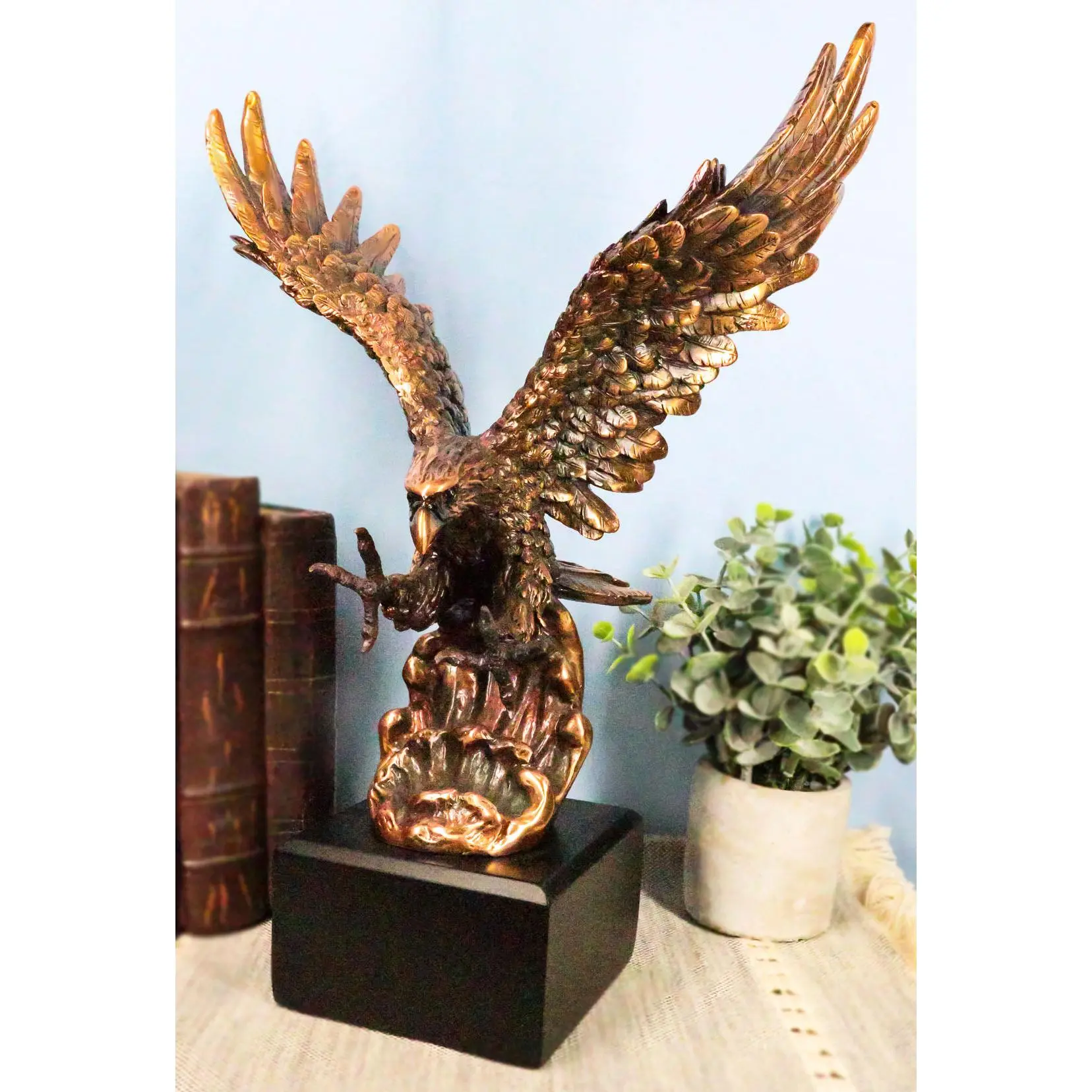 Electroplated Bronze Resin Bald Eagle Statue, Open-Wings Swooping Over Water Design, Home Decor, Home Ornaments, Sculpture for Gift Giving, Wooden