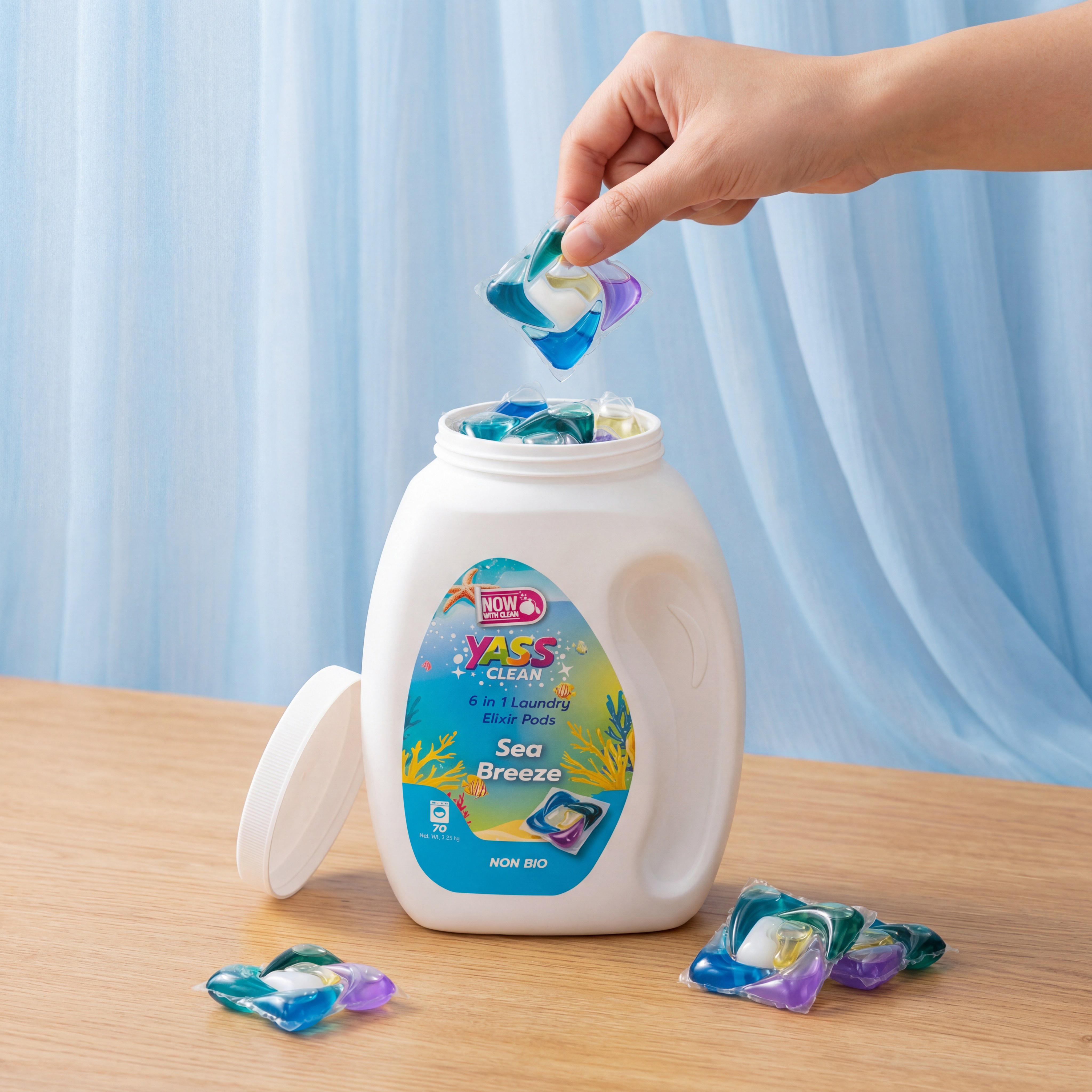 Yass Clean 6-IN-1 POWERFUL LAUNDRY DETERGENT PODS,70 pods per tub, Long-Lasting Fragrance, Portable Laundry, Cherry Blossom,Sea Breeze, Cream Coconut, Stain Removal, Antibacterial, Fabric softening, Fresh Scent Boost with Non-stop Freshness