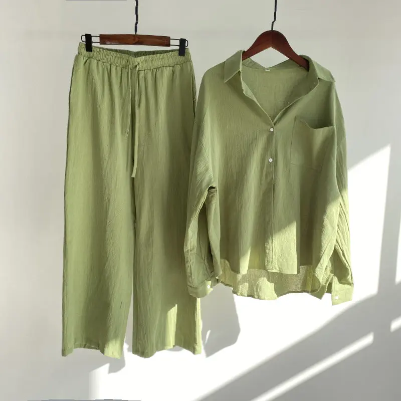 Women's 2-piece Retro Plus Size Shirt Outfit High Waist Loose Trousers