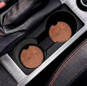 Western Leather Car Coasters, Tooled Floral Cup Holder Coaster Set, Brown Cowboy Auto Accessories, Rustic Car Decor Gift for Men Women