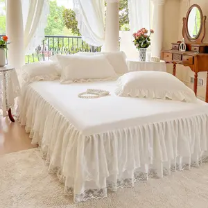 French Princess Lace Bed Skirt, Elegant Warm Mattress Protector, All-Season Washable Bedding for Bedroom, Guest Room, Hotel or Dorm Decor