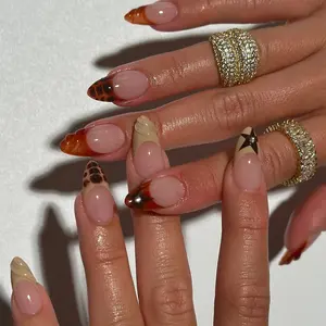 24-pcs almond-shaped acrylic press on nails autumn/winter color blocking 3D textured gel, caramel, crocodile pattern, amber brown, French trim, black star, white brick fake nails, suitable for dates, parties, parties, outings, and other occasions