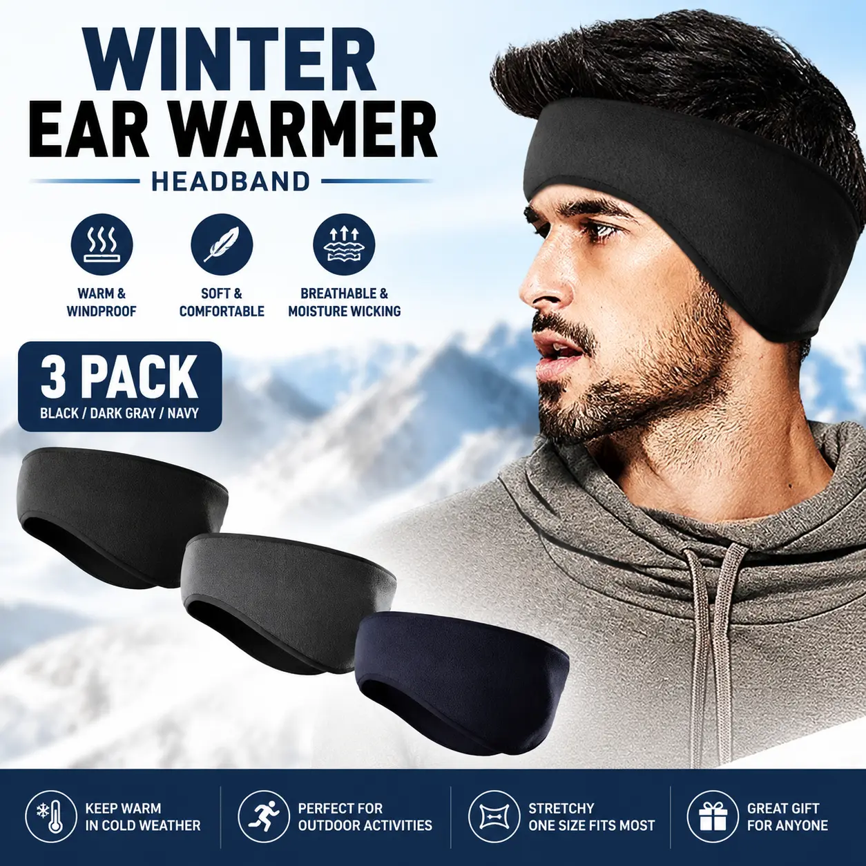 3-Pack Universal Synthetic Thermal Fleece Headbands - Unisex Adult Ear Warmers for Skiing, Running - Sports & Outdoor Headband Accessory Hikingheadband