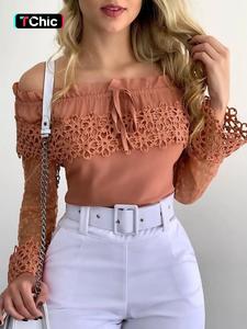 women's off the shoulder contrast lace frill trim blouse, retro flounce sleeve tie front top for spring & fall, women's clothing for daily wear