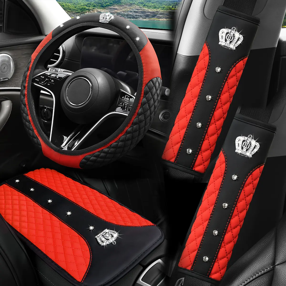 Crown Artificial Diamond Glitter PU Leather Non-slip No Inner Ring Steering Wheel Cover Set - 4PCS Halloween Christmas Vehicle Accessories Car Interior Kit for 37-38CM Wheels, Ideal for Boyfriend, Family, Cars