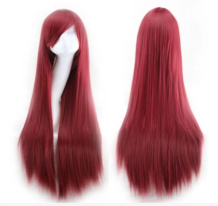 YOKOMA 80cm Long Straight Full Wig with Side Bangs, Wine Red Smooth Synthetic Hair Wig for Women Daily Party Styling