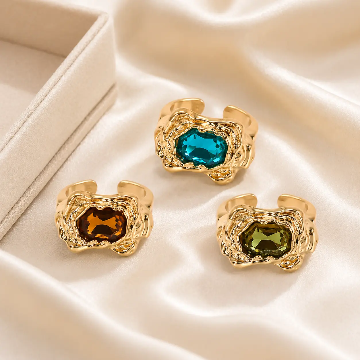 Women's Vintage Gold-Tone Alloy Statement Ring - Faceted Stone, Open Adjustable Wide Band, Multi-Color Cocktail Ring with Blue Brown Green Options, Everyday Wear Costume Jewelry, Dry Wipe Care, Statement Look