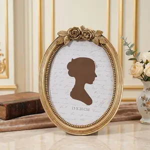 European Vintage Gold Rose Embossed Photo Frame, Resin Oval Home Decor, Enhances Holiday Atmosphere, Ideal for Family Photos and Gifts