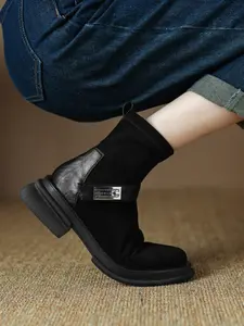 Women's High Heel Short Boots Fall Winter New Chunky Sole Thick Bottom Boots Elastic Velvet Slim Fit Booties