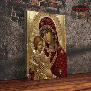2D flat design, one Byzantine Russian Orthodox image of the Virgin Mary and Infant Christ - traditional Oriental religious art, gold background, red robe, canvas oil painting - wooden frame, home/church decoration - a spiritual gift for Christmas, Easter,
