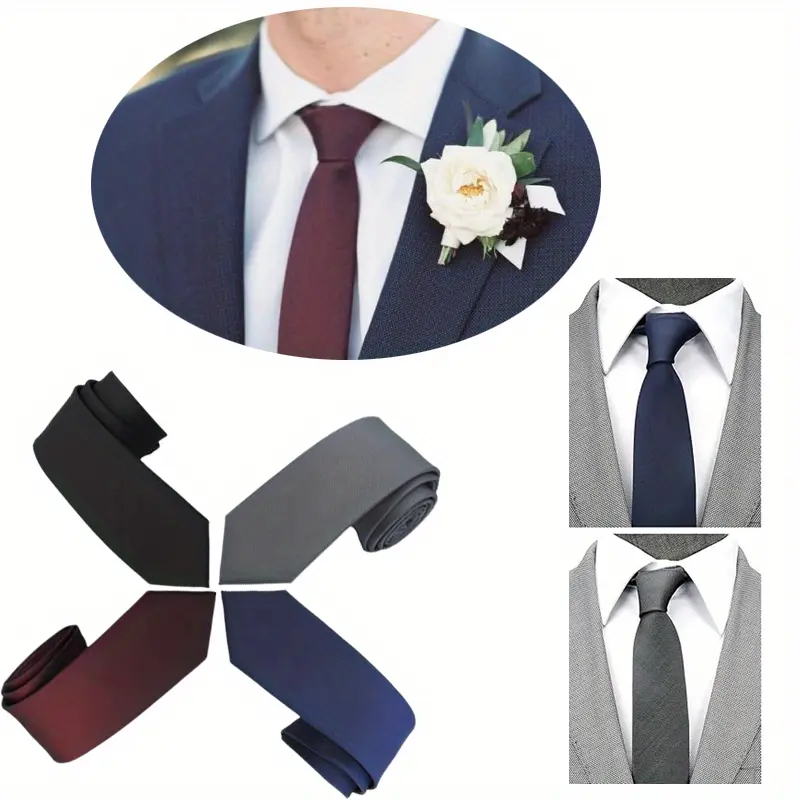 Set Of 4 Vintage Skinny Solid Ties for Men,Men'S Tie Set,2.5 inch Slim Plain Neckties,Classic Black Gray Red Blue Tie for Men,Stylish Ties for Business Wedding Party,Birthday Gifts