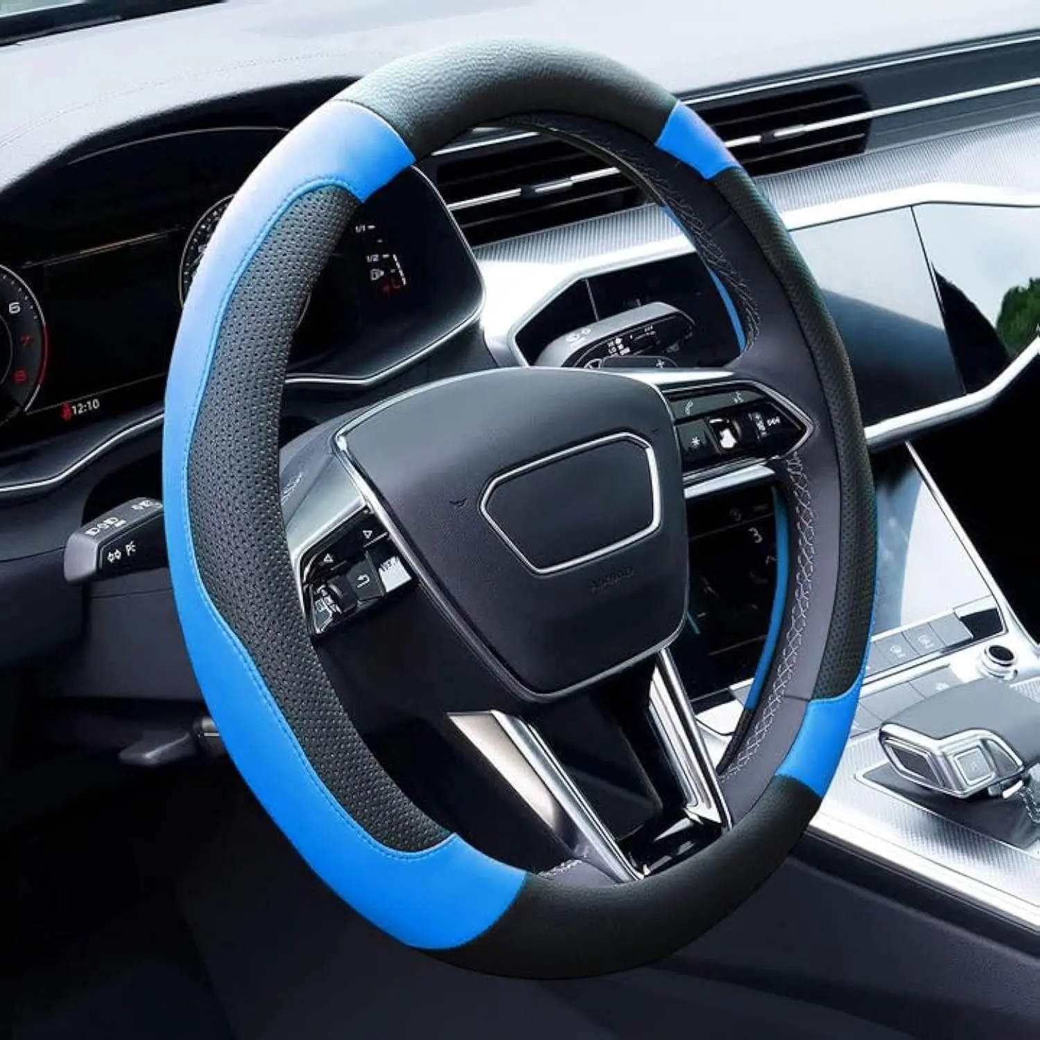 Blue Steering Wheel Cover Microfiber Leather Sporty  Accessories for Men and Women,Breathable Non-Slip Universal Fit 14 1/2-15 Inch(Black and Blue)