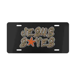 Jesus Saves Leopard Print License Plate - Black Metal Vanity Tag with Star - Cheetah Print Christian Car Accessory - Cool Religious Auto Decor
