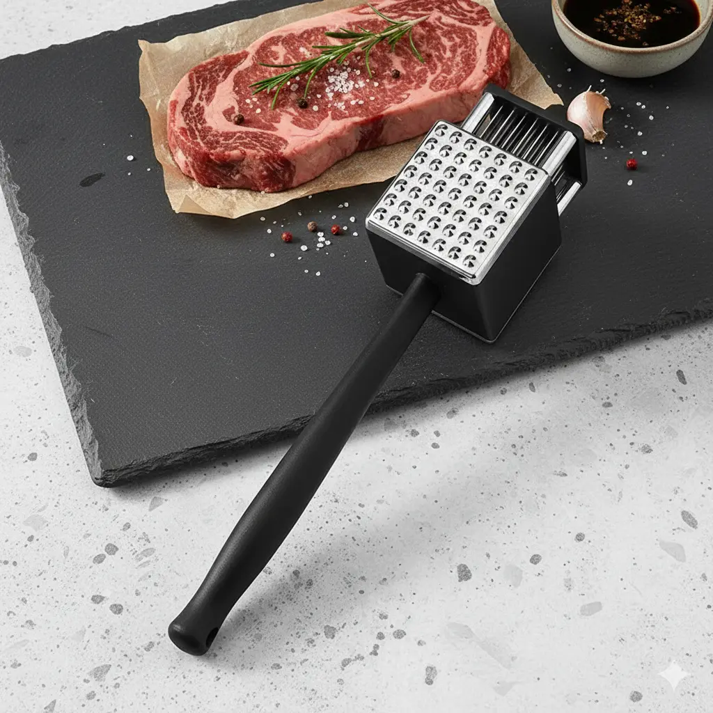 3-in-1 Design Heavy-Duty Stainless Steel Meat Tenderiser Mallet with Handle - Ultra Sharp Needle Blades, Non-Slip Kitchen Utensil for Steak Prep, Restaurant-Quality, Easy Maintenance