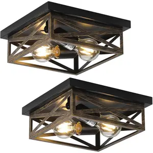 2Pack Rustic Flush Mount Ceiling Light Fixture, Modern Farmhouse Light Fixture, Kitchen Hallway Light Fixtures for Bedroom,Dining Room Entryway,Industrial Metal Cage Ceiling Light