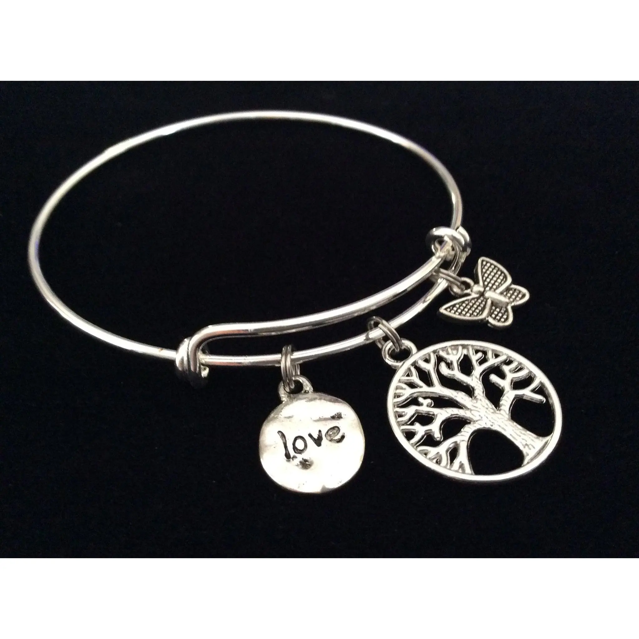 Tree of Life, Butterfly and Love Charm on a Silver Expandable Wire Bangle Bracelet Meaningful Gift Adjustable One Size Fits All Trendy