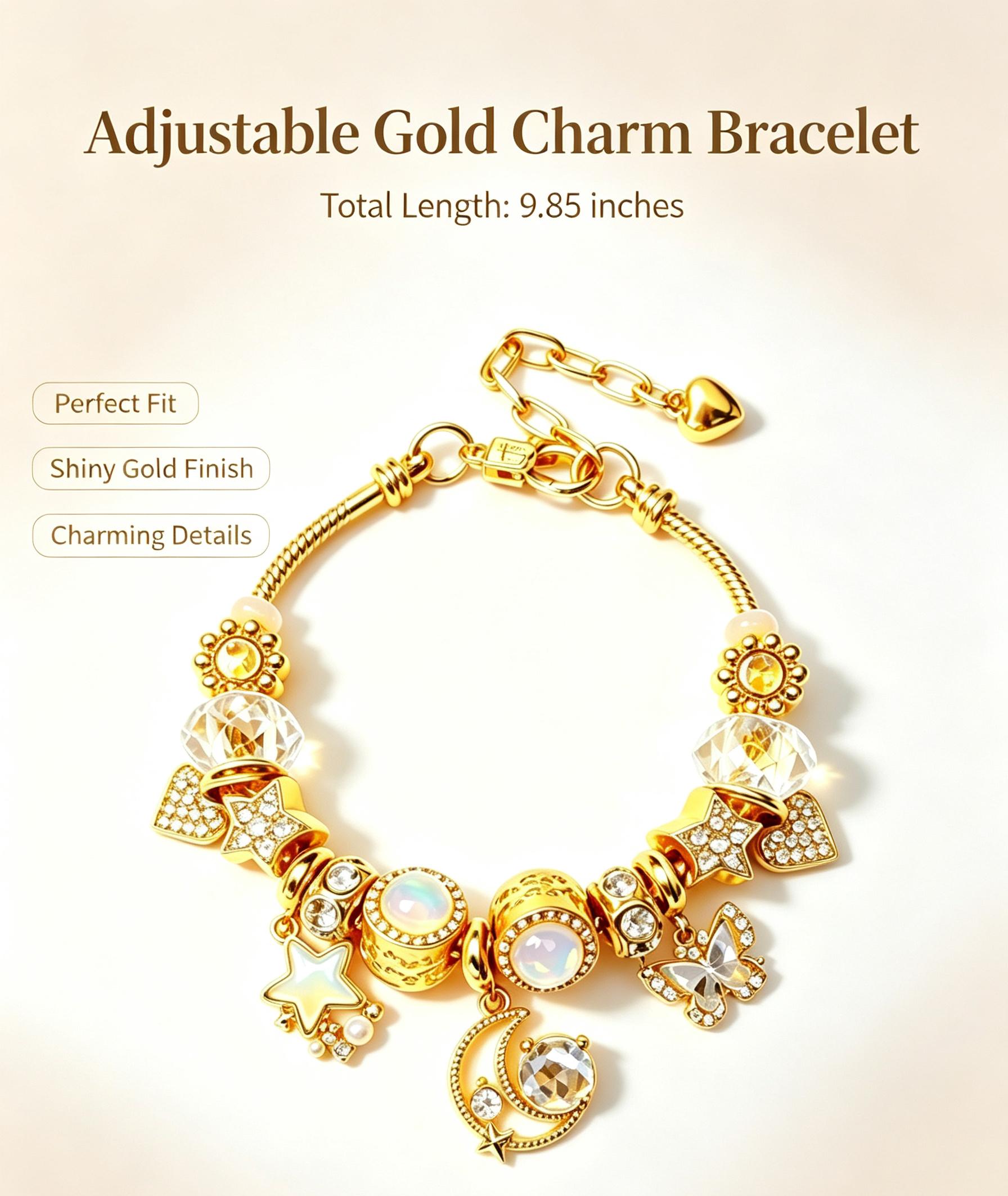 Dreamy Star & Moon Charm Bracelet – Gold-Tone Bow & Crystal Bead Bangle, Sweet Fairycore Jewelry, Perfect Gift for Her