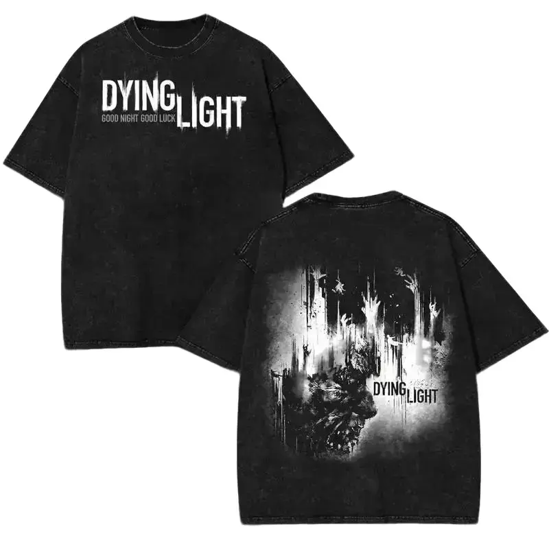 Dying Light Vintage Acid Wash Graphic T-Shirt for Men & Women, Oversized Streetwear Tee with Retro Zombie Game Print, Distressed Cotton Gamer Apparel, Casual Y2K Harajuku Top for Everyday Wear, Good Night Good Luck Gamer Merch Shirt Top.