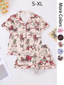 women's all over cowboy print lapel shirt & shorts pajama two-piece set, casual comfy short sleeve top & shorts loungewear set, ladies summer sleepwear, pajama sets, lounge sets, womenswear, pjs, pyjamas, homewear