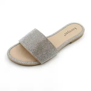 Women's Glitter Rhinestone Flat Sandals Sparkly Casual Slide Shoes with Open Toe Design