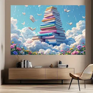 1pc The Dance of Books Printed Party Banner – Vibrant Polyester Backdrop with Colorful Book Stack Design, Perfect for Weddings, Birthdays, Anniversaries, and Home Celebrations, Ideal for Photo Stu
