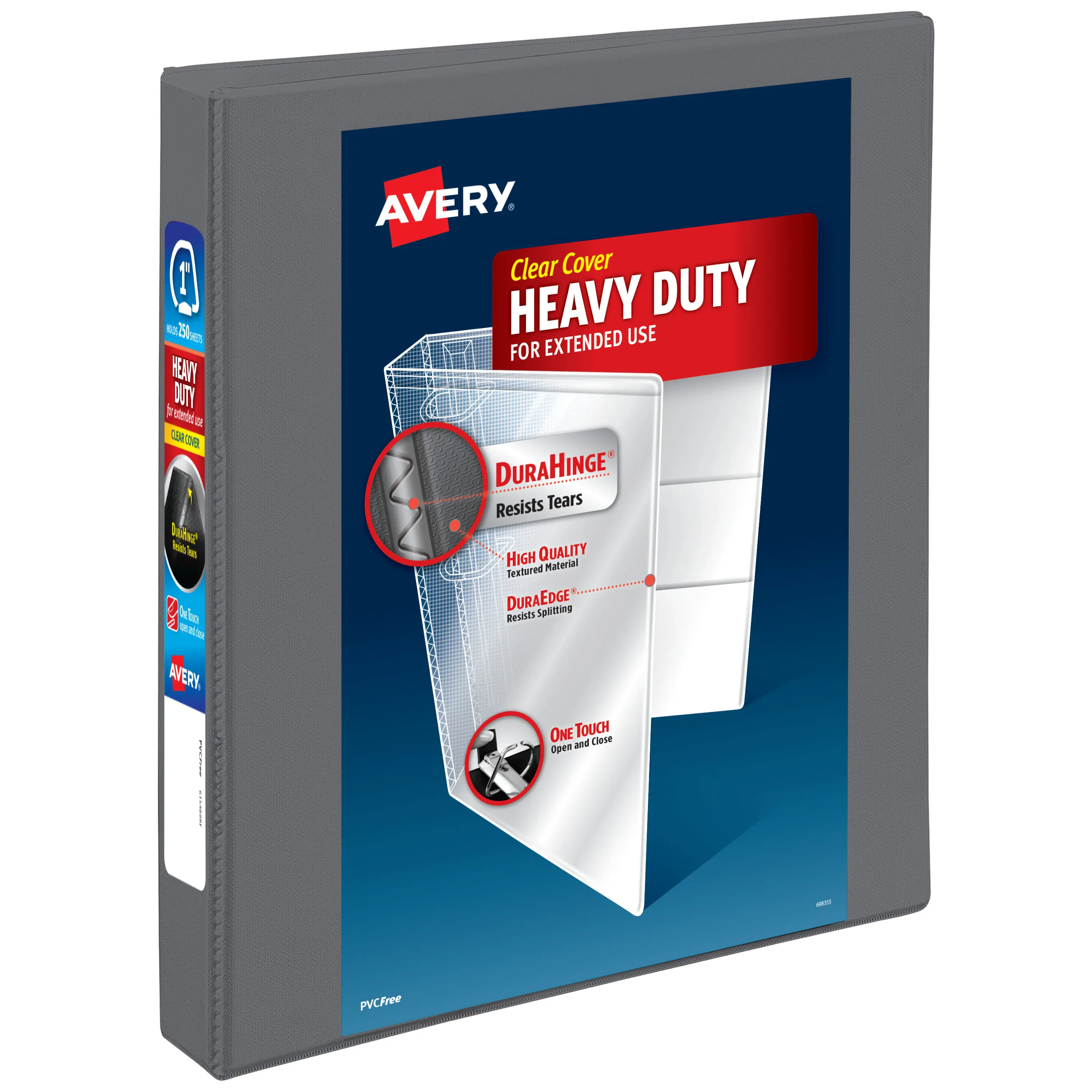 Avery Heavy-Duty View 3 Ring Binder, 1 Inch One Touch Slant Rings, 250-Sheet Capacity, DuraHinge, 1.4 Inch Wide Spine, Customizable Clear Cover and Spine, 1 Dark Gray Binder (79865)