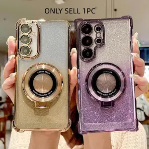 Need to select model Glitter Plating Magnetic Bracket Protective Case For Samsung Galaxy S25 FE Edge S24 S23 S22 Plus Ultra A17 A07 A56 A36 A26 A16 A06 Silicone Cover