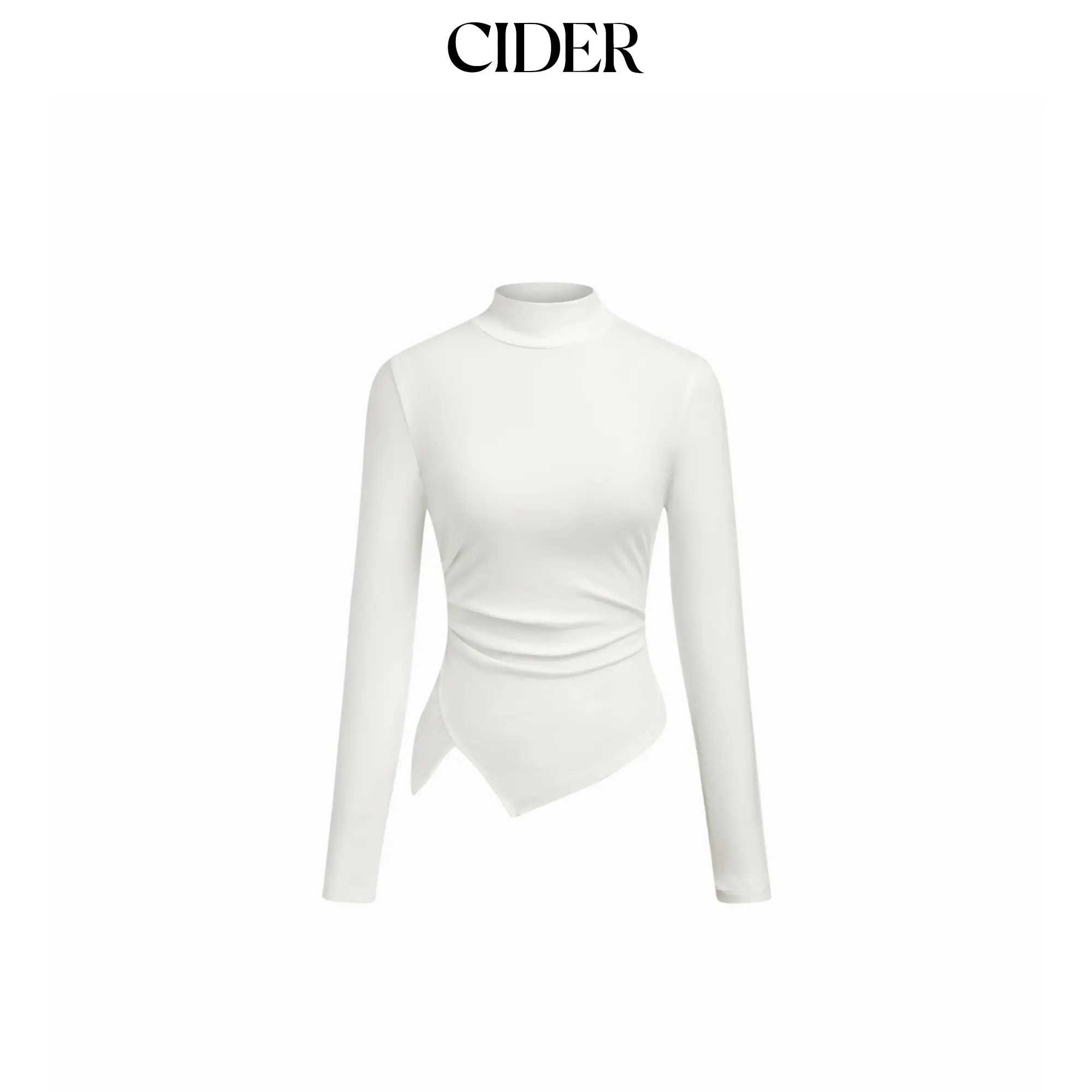 Cider Stand Collar Ruched Asymmetrical Hem Long Sleeve Tee