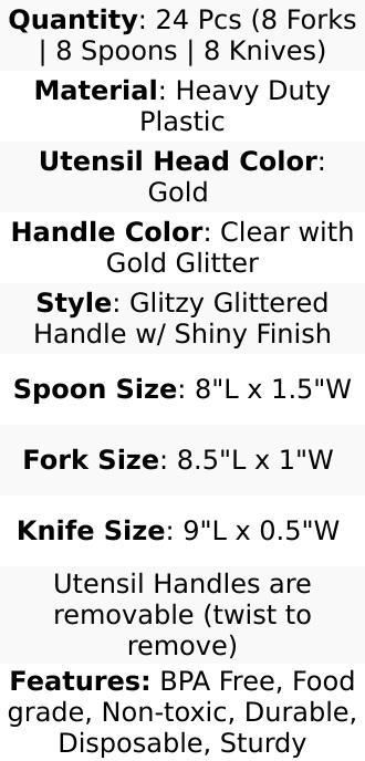 24-Pack Plastic Cutlery Set 8" Gold Glittered - Disposable Silverware-Pack for Parties