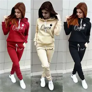 women's 2-piece QUEEN print sports suit sportswear jogging suit women's hooded sportswear suit clothes hoodie sweatpants
